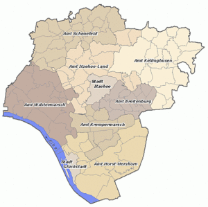 Karte des Kreises Steinburg aufgeteilt in die Ämter des Kreises: Schenefeld, Kellinghusen, Itzehoe Land, Stadt Itzehoe, Breitenburg, Krempermarsch, Horst-Herzhorn, Stadt Glückstadt und Wilstermarsch