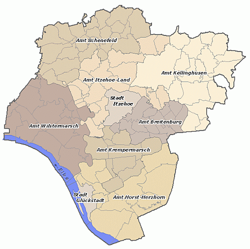Karte vom Kreis Steinburg mit Aufteilung der Amtsgebiete