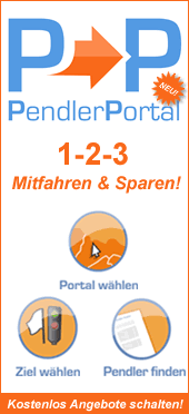 Pendler Portal Plakat vom Pendler Portal mit folgender Beschriftung: 1-2-3 Mitfahren und sparen.
Portal wählen, Ziel wählen. Kostenlos Angebote schalten!